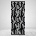Optical Mirage geometric metal privacy screen mounted against a light grey wall with 3D cube illusion design
