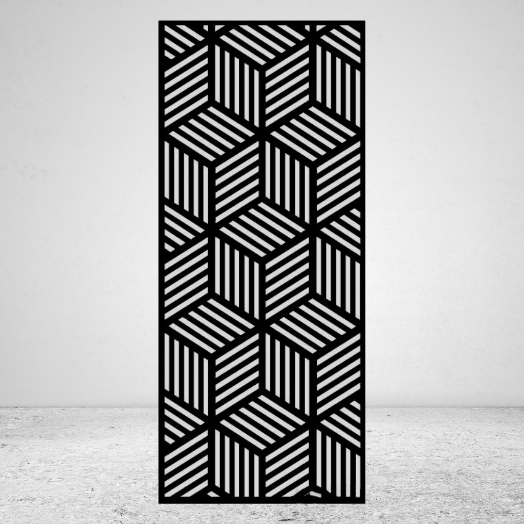 Optical Mirage geometric metal privacy screen mounted against a light grey wall with 3D cube illusion design