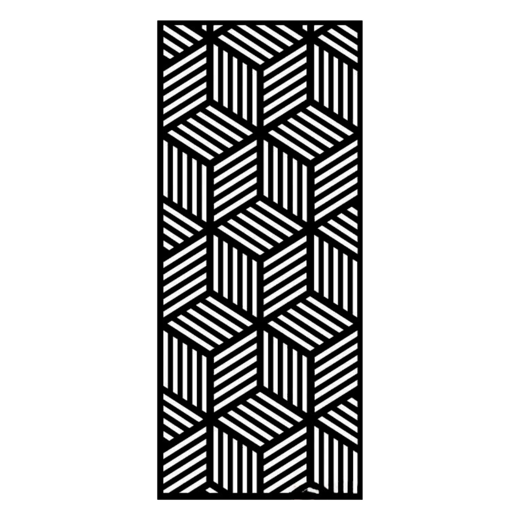 Optical Mirage modern metal privacy panel on a white background featuring optical cube pattern