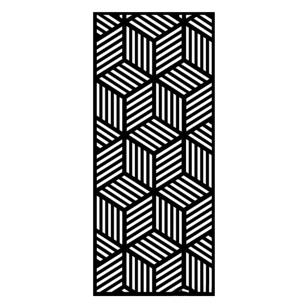 Optical Mirage modern metal privacy panel on a white background featuring optical cube pattern
