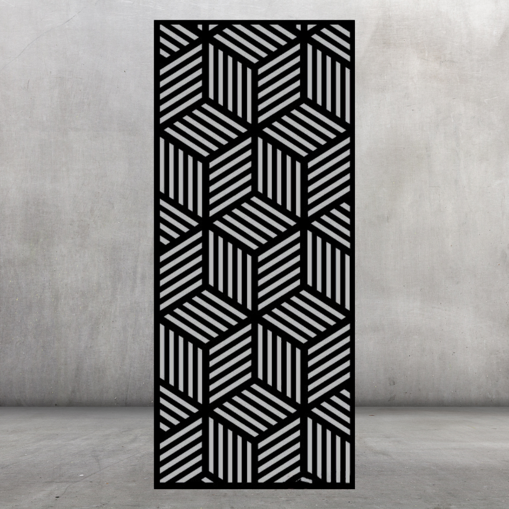Optical Mirage decorative metal privacy screen displayed against a dark grey wall with dimensional geometric effect
