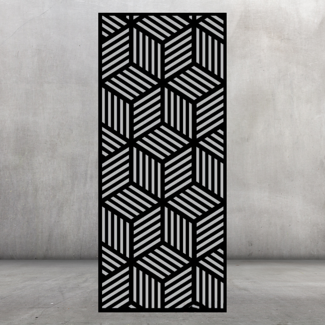 Optical Mirage decorative metal privacy screen displayed against a dark grey wall with dimensional geometric effect