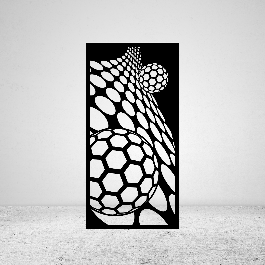 Orbit flowing geometric metal privacy screen with curved circular cut-out pattern