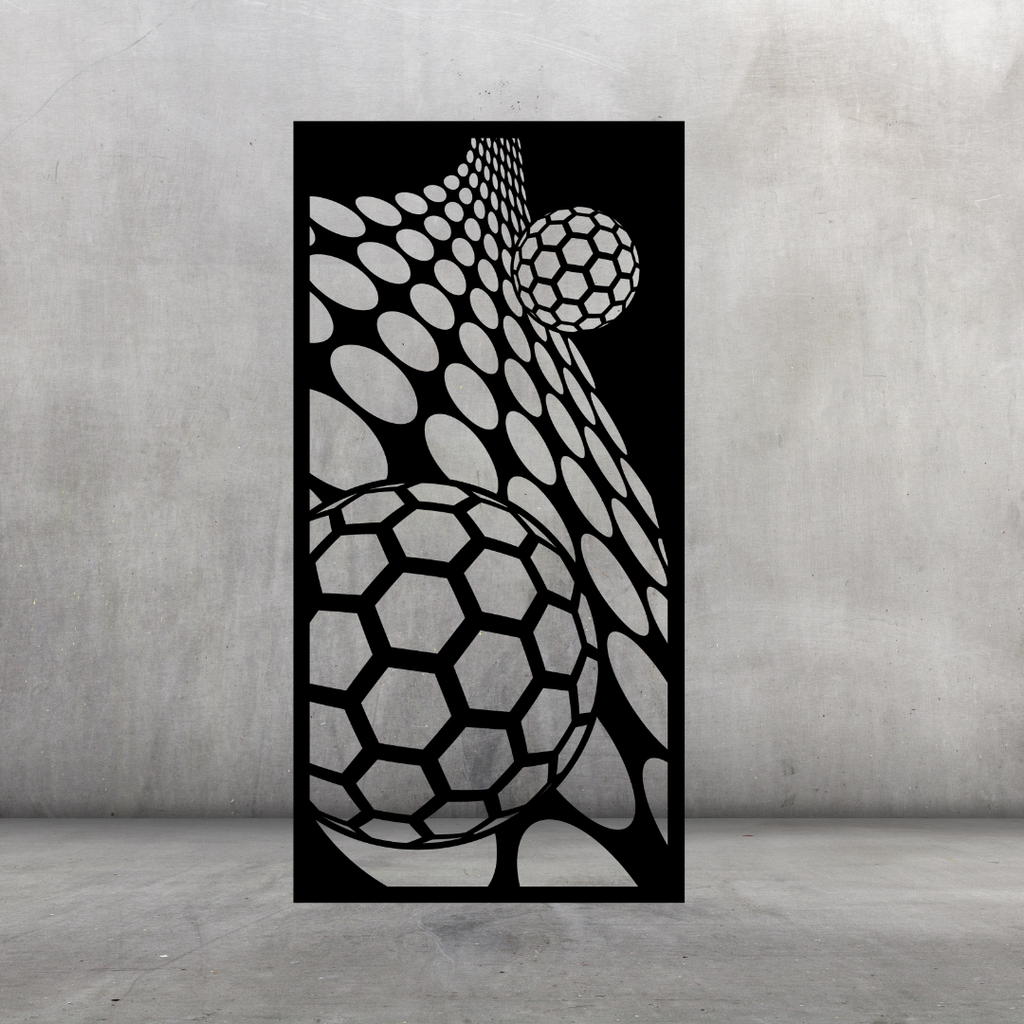 Orbit contemporary metal privacy screen displayed against a dark grey wall with curved circular pattern