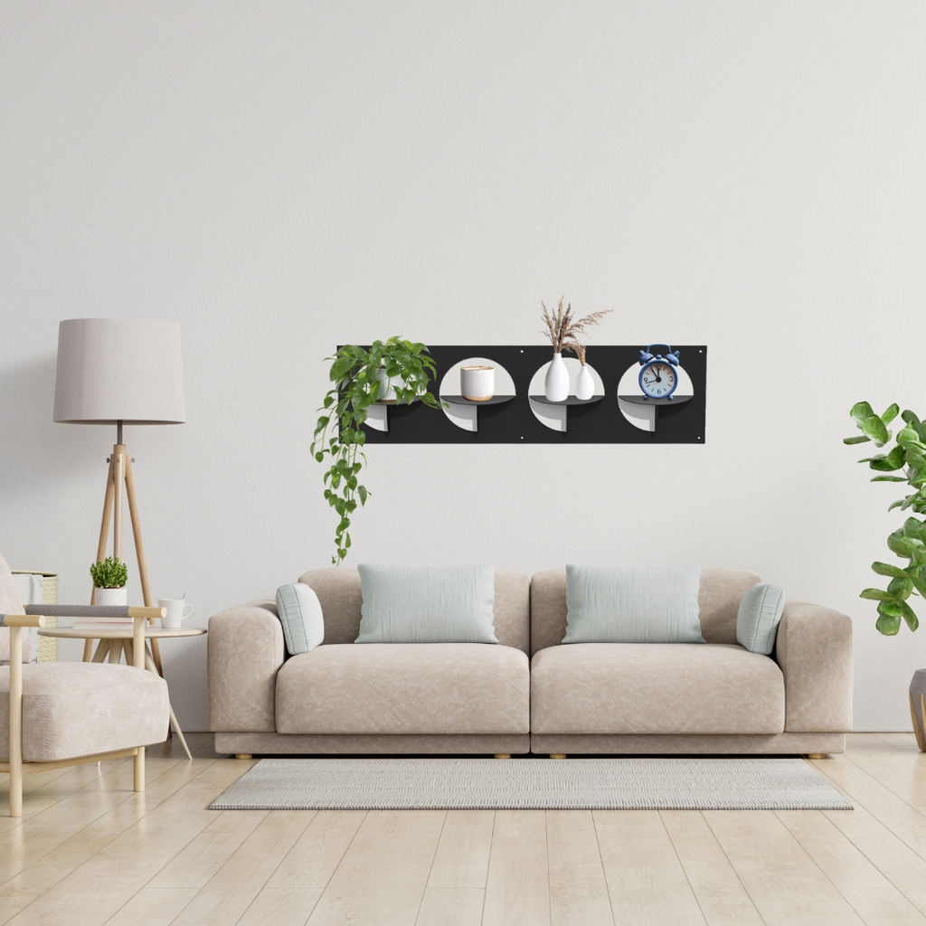 Orbit Wall Shelf displaying decorative accessories in a modern living room