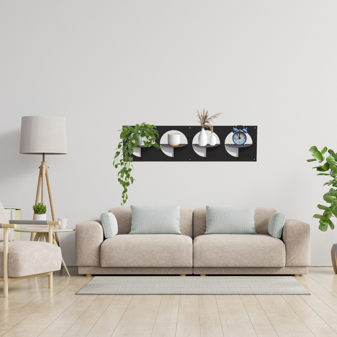Orbit Wall Shelf displaying decorative accessories in a modern living room