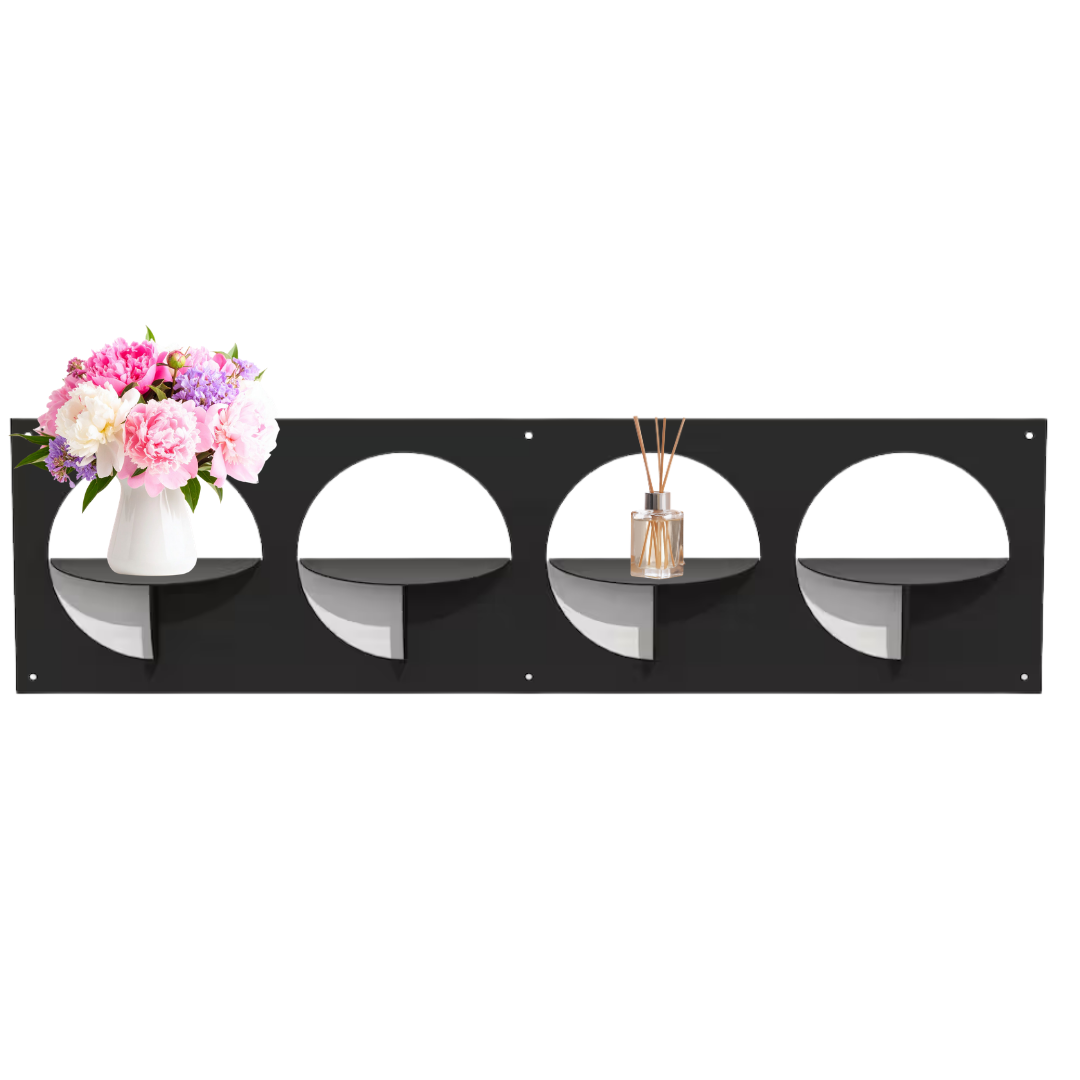 Modern metal wall display shelf with four circular compartments on a clean background