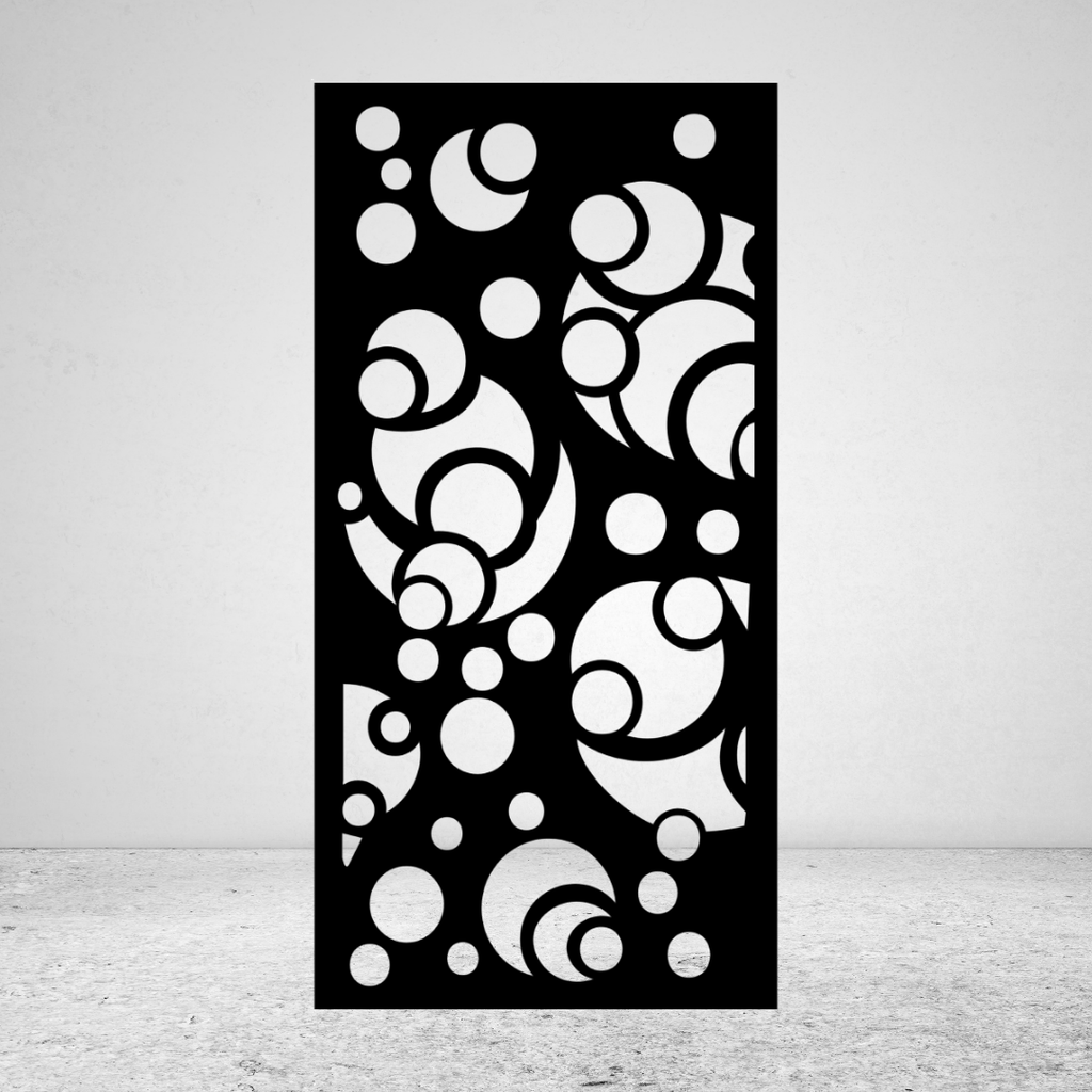 Orbital Muse abstract geometric metal privacy screen featuring overlapping circles, curved forms and crescent shapes