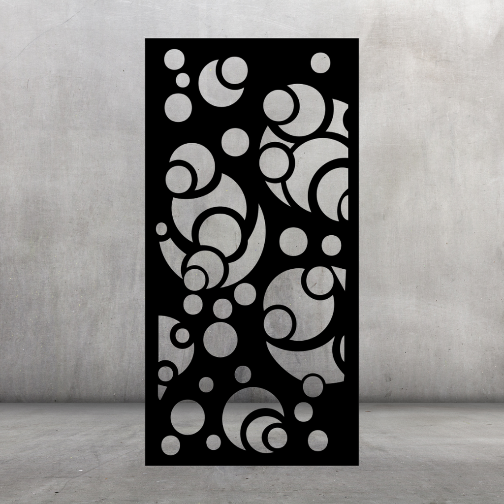 Orbital Muse decorative metal privacy screen displayed against a dark grey wall with artistic circular and curved pattern
