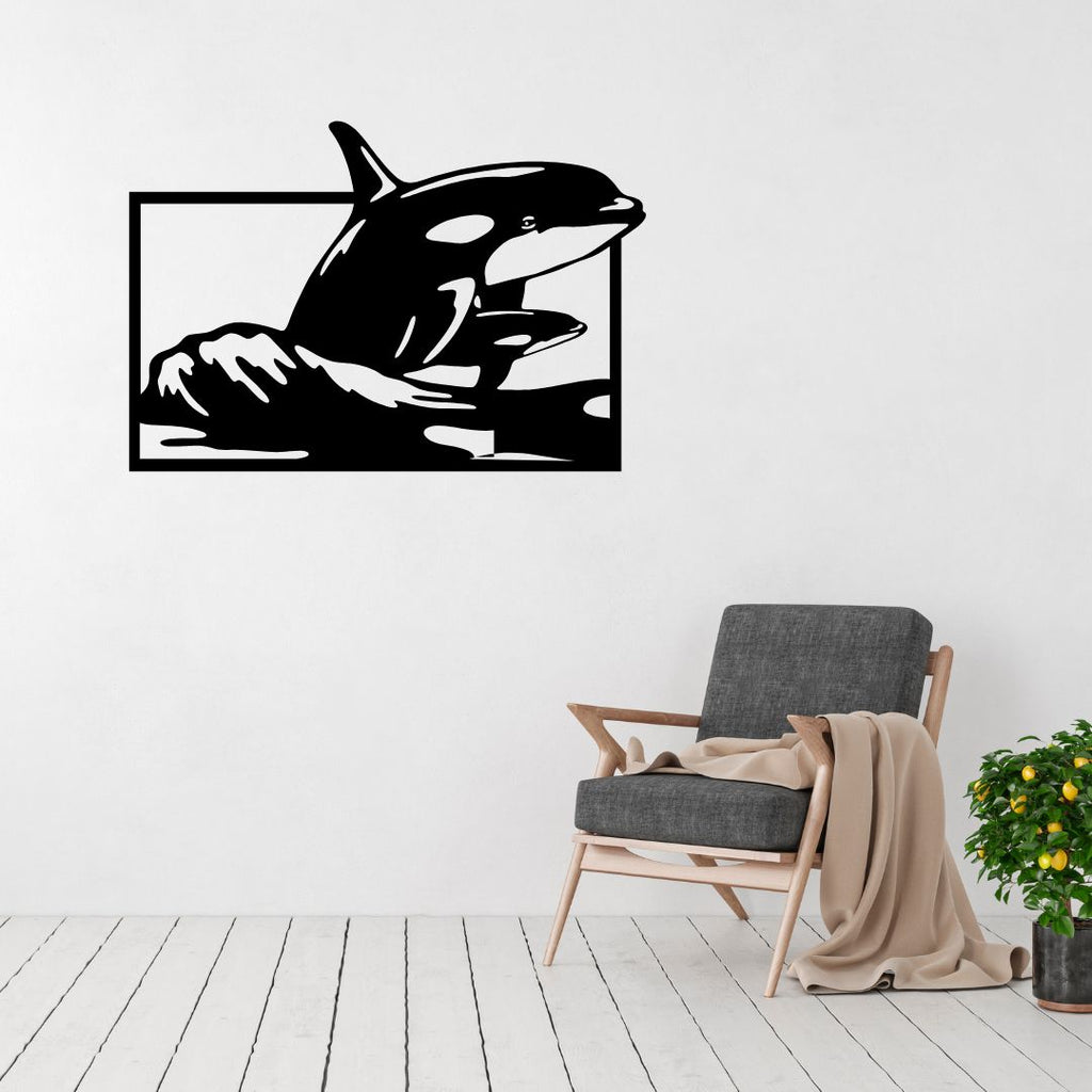 Orca wall art displayed in a modern coastal interior space