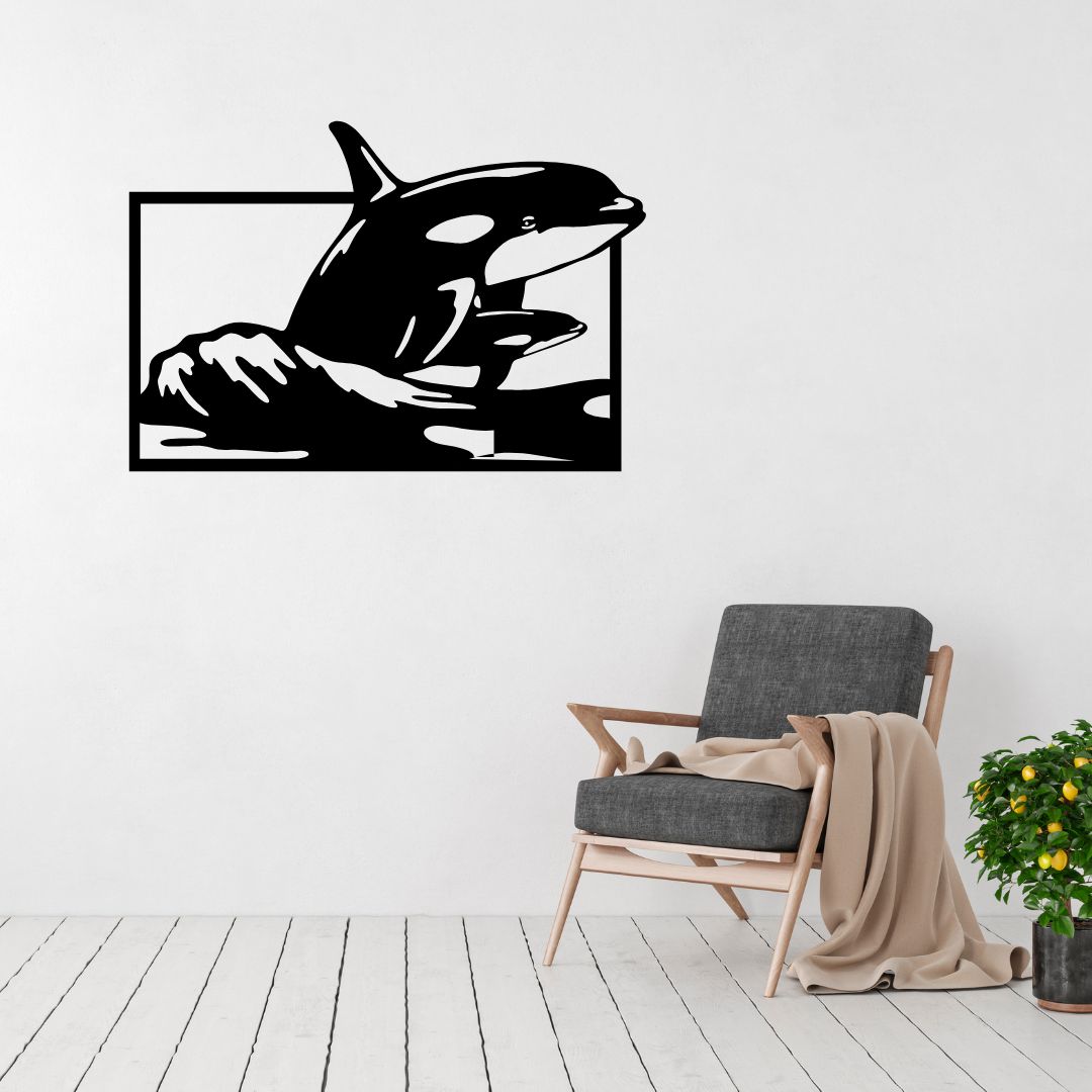 Orca wall art displayed in a modern coastal interior space
