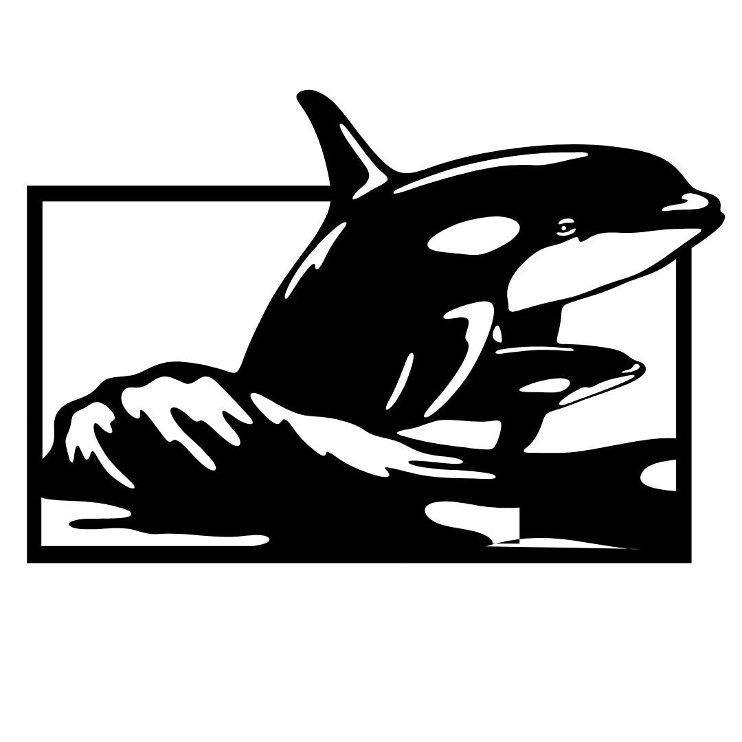 Orca whale metal wall art breaching ocean framed design