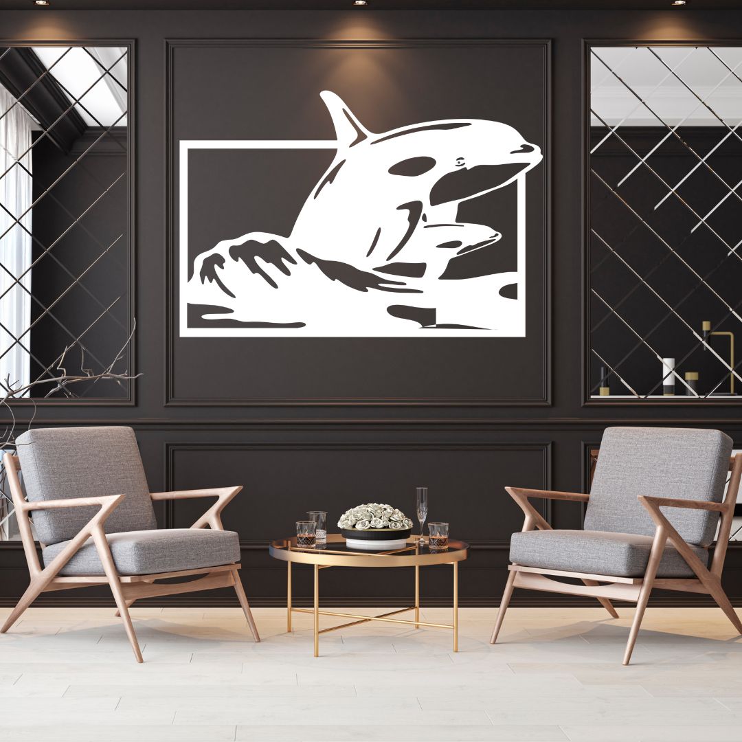 Orca metal wall art as a statement piece in a premium interior setting