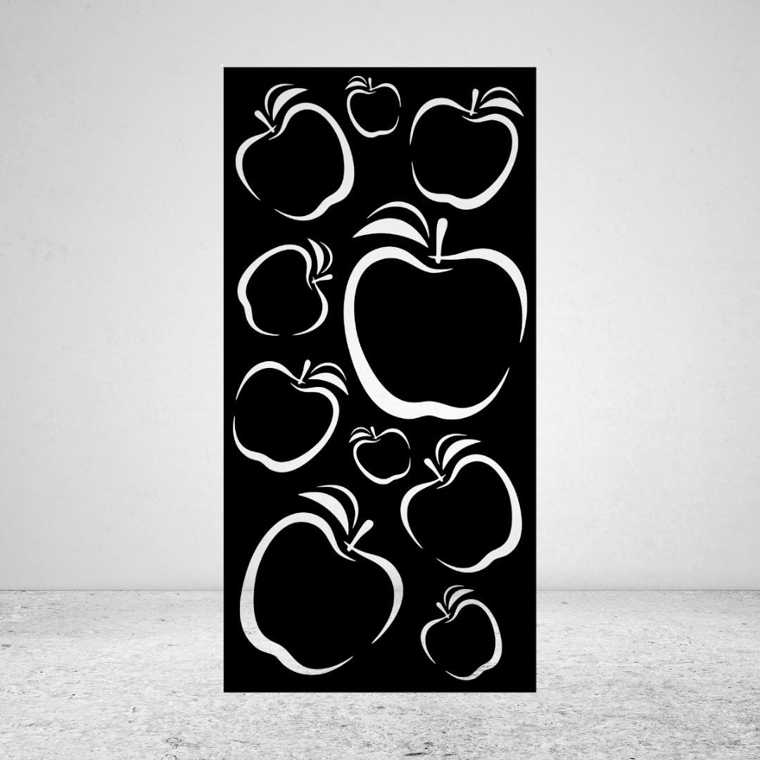 Orchard apple-inspired metal privacy screen featuring stylised apples with stems and flowing leaf details