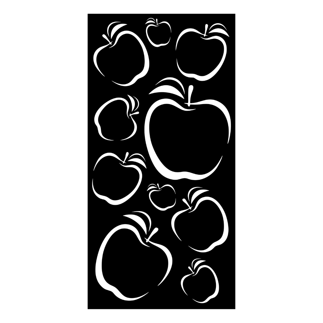Orchard decorative metal privacy panel isolated on a white background showing its minimalist apple pattern