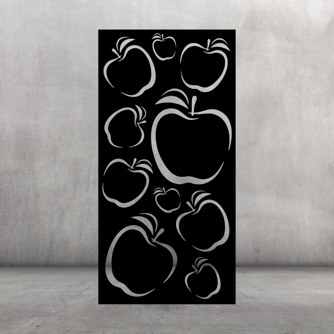 Orchard botanical metal privacy screen displayed against a dark grey wall with repeating apple shapes and leaf detailing