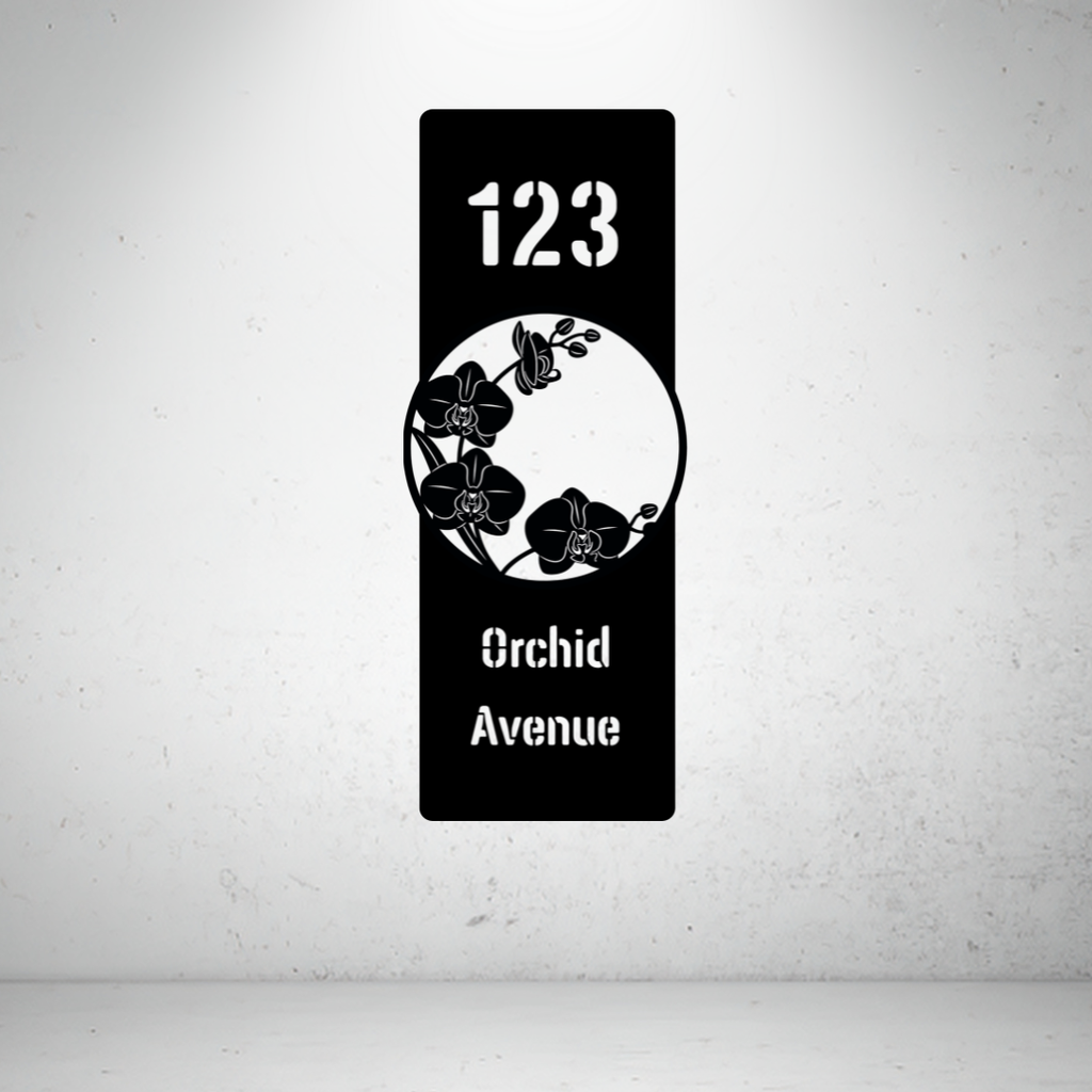 Orchid Avenue personalised floral vertical metal house number sign with elegant orchid artwork and custom address.