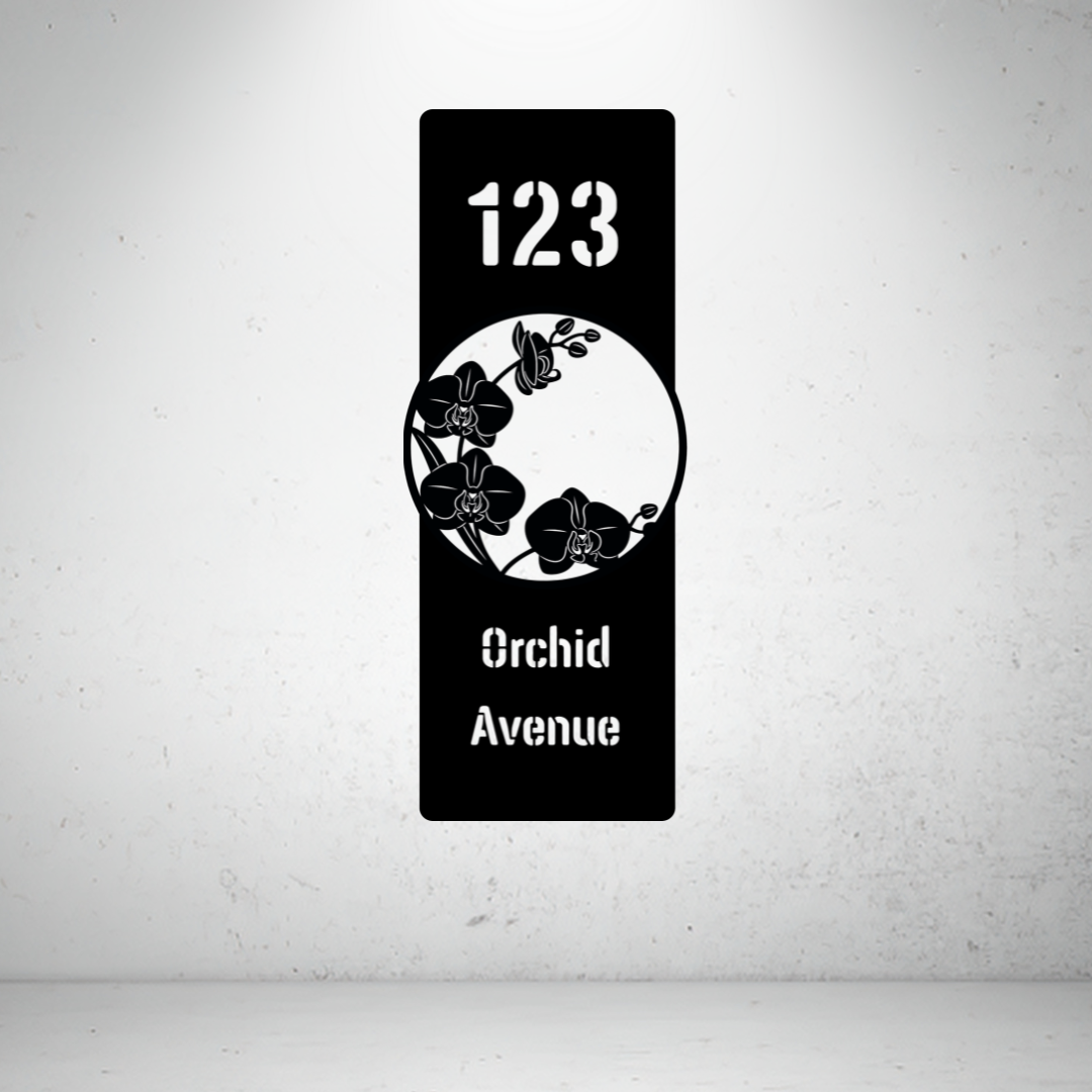 Orchid Avenue personalised floral vertical metal house number sign with elegant orchid artwork and custom address.