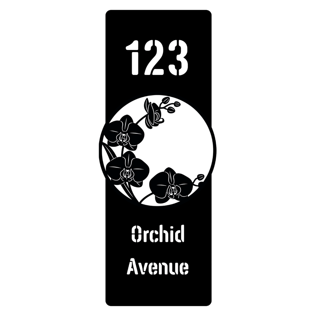 Close-up of the Orchid Avenue laser-cut orchid floral custom vertical metal address plaque.