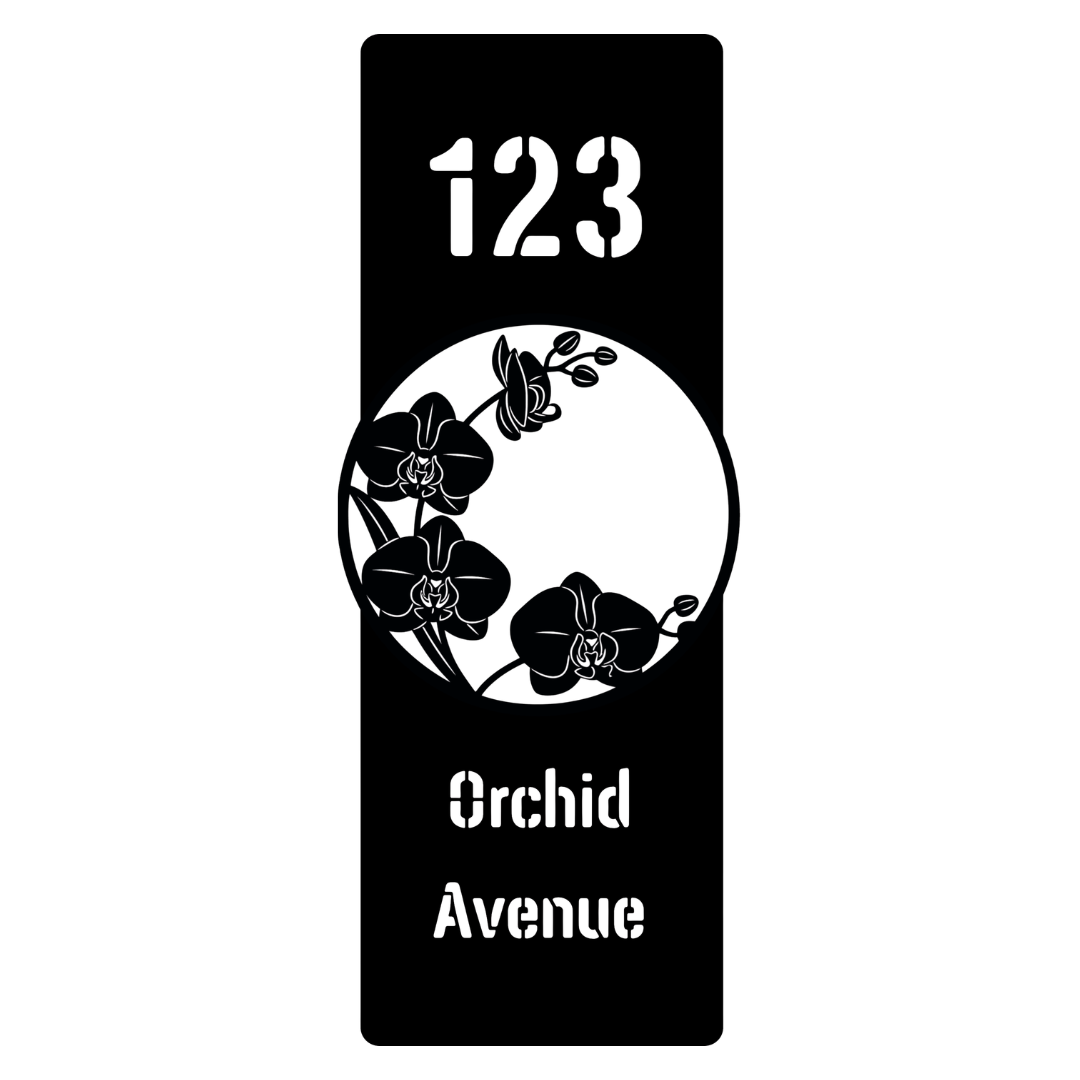 Close-up of the Orchid Avenue laser-cut orchid floral custom vertical metal address plaque.