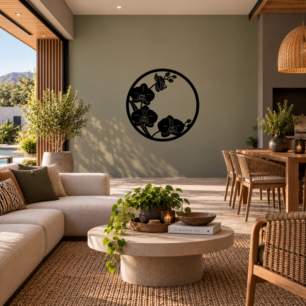 Orchid botanical metal wall art displayed in a modern interior