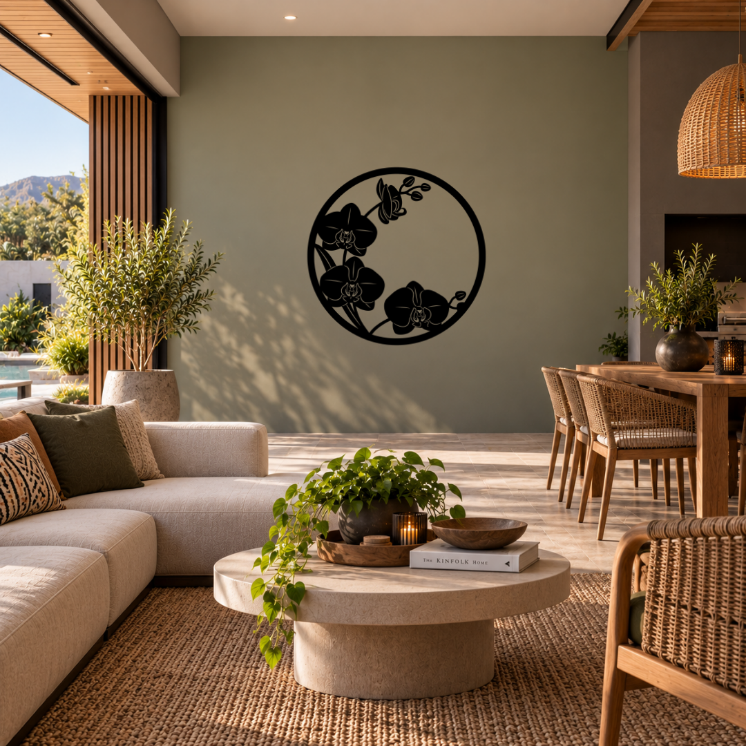 Orchid botanical metal wall art displayed in a modern interior