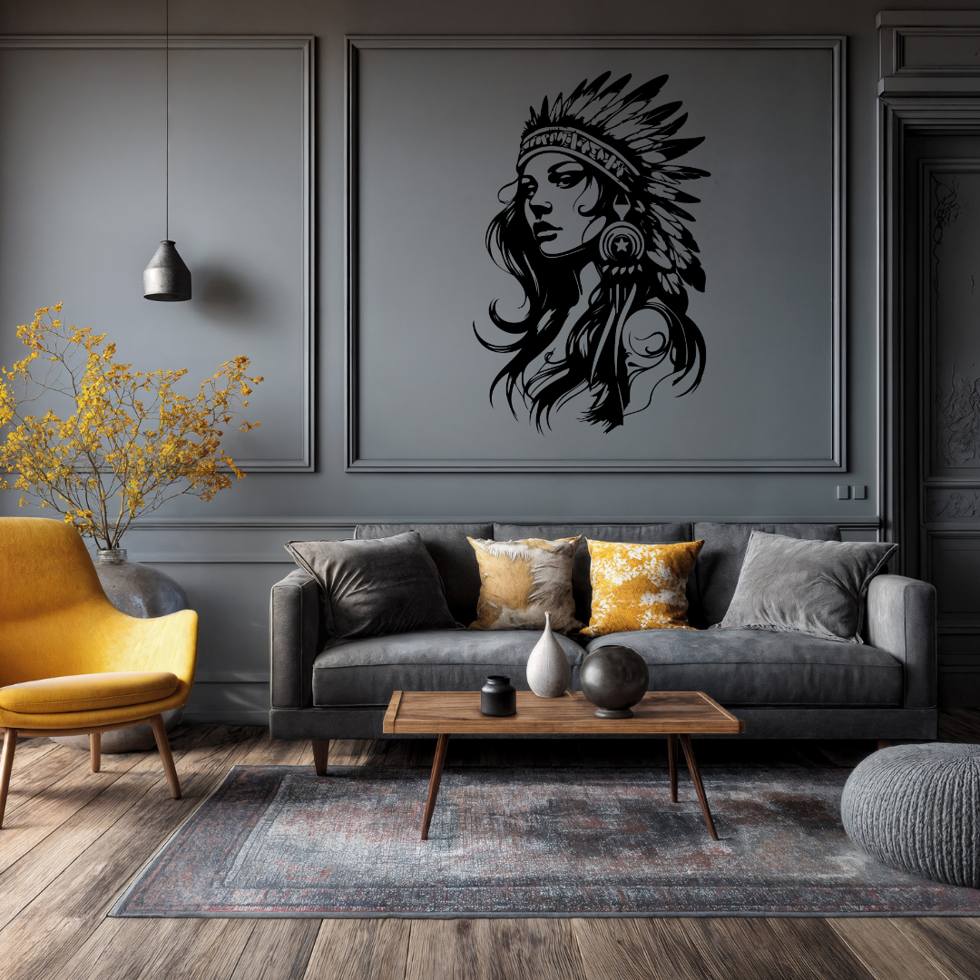 Outback Spirit | Aboriginal Woman Metal Wall Art mounted in a sophisticated modern living room.