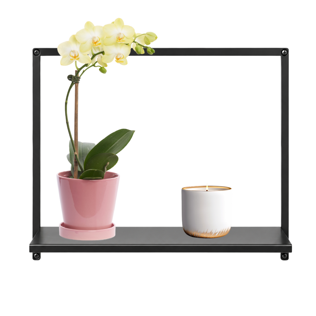 Modern geometric metal wall shelf with wall-mounted frame on a clean background