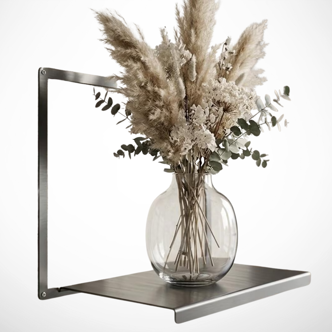 Minimalist steel floating shelf styled with decorative accessories in a modern living space
