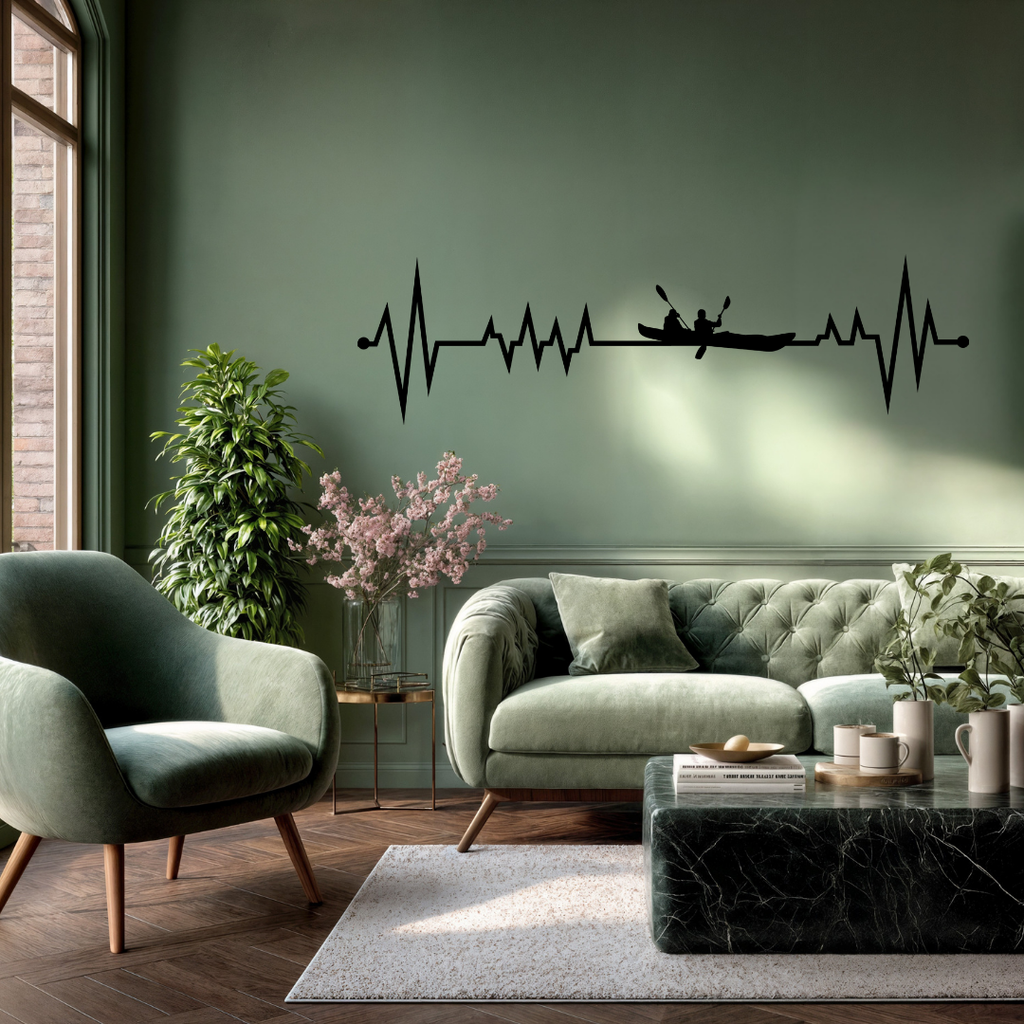 Paddle for Life | Kayak Heartbeat Metal Wall Art mounted in a stylish contemporary lounge.