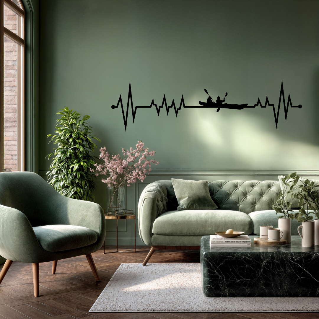 Paddle for Life | Kayak Heartbeat Metal Wall Art mounted in a stylish contemporary lounge.