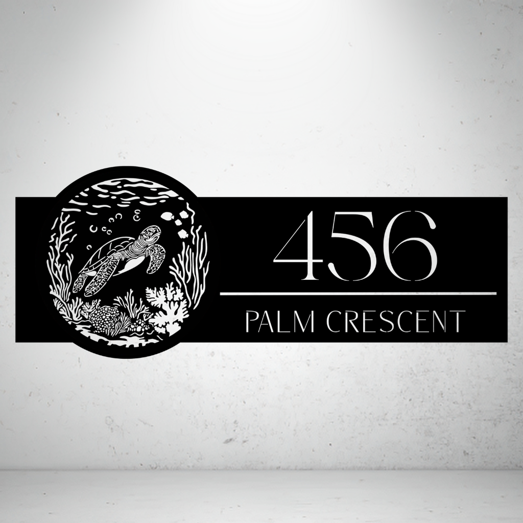 Palm Crescent personalised sea turtle metal house number sign featuring a detailed ocean-inspired custom address plaque.