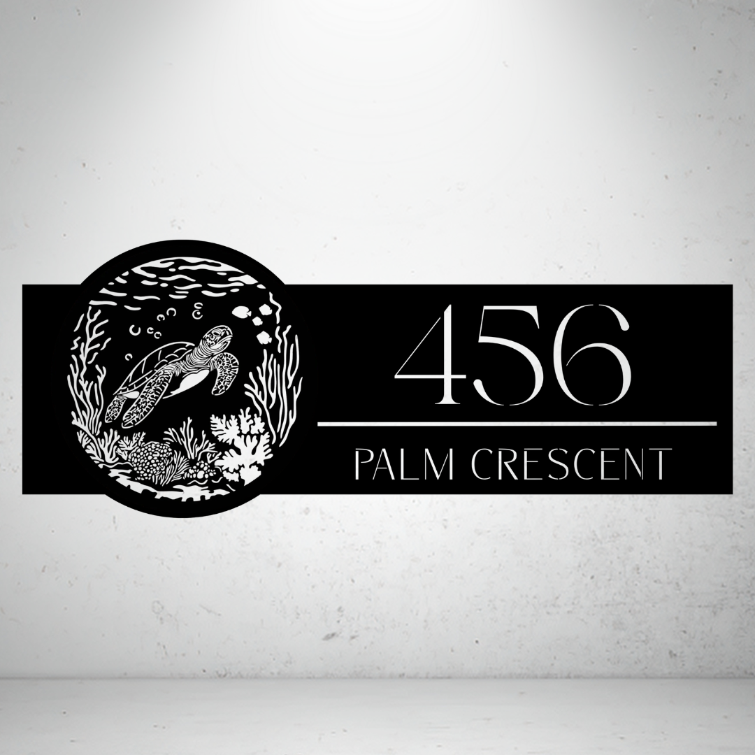 Palm Crescent personalised sea turtle metal house number sign featuring a detailed ocean-inspired custom address plaque.