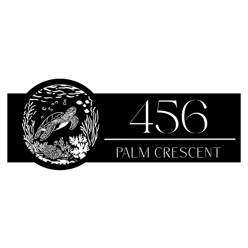 Close-up of the Palm Crescent laser-cut sea turtle custom metal house number sign with coral reef artwork.