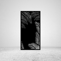 Palm Haven tropical metal privacy screen mounted against a light grey wall with elegant palm leaf cut-out design