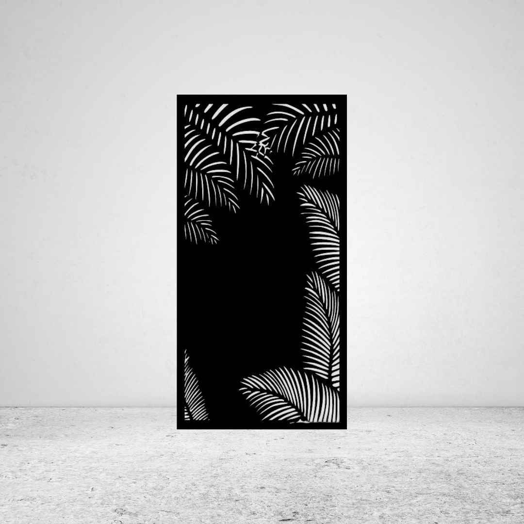 Palm Haven tropical metal privacy screen mounted against a light grey wall with elegant palm leaf cut-out design