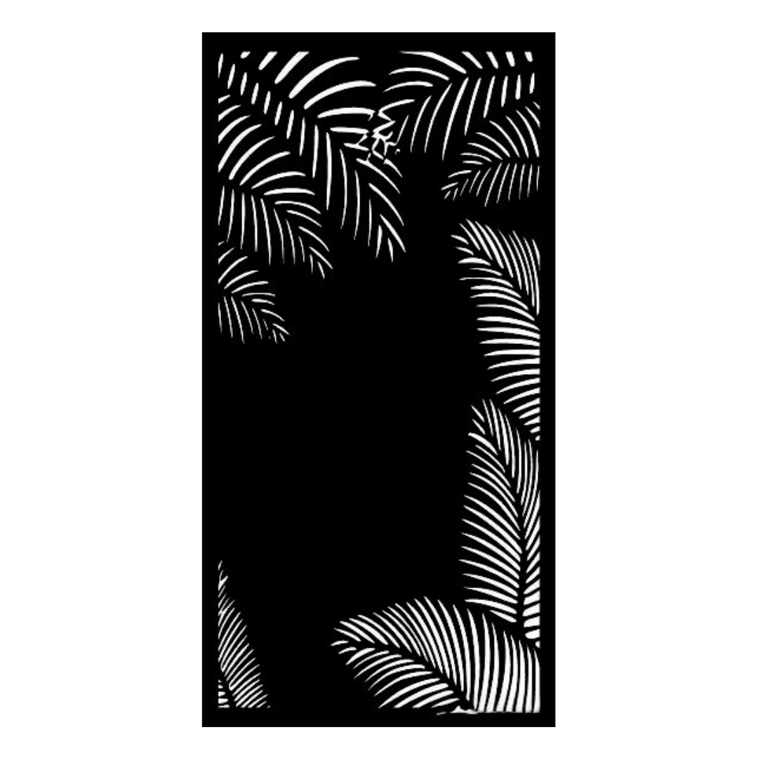 Palm Haven palm leaf metal privacy panel isolated on a white background showing tropical-inspired detailing