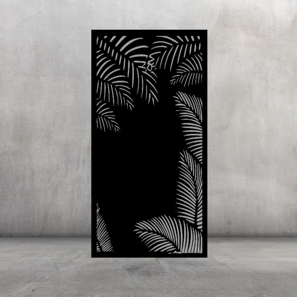 Palm Haven decorative metal privacy screen displayed against a dark grey wall with island-style palm pattern