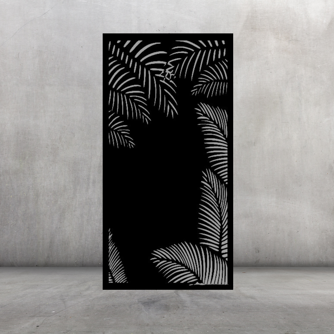 Palm Haven decorative metal privacy screen displayed against a dark grey wall with island-style palm pattern