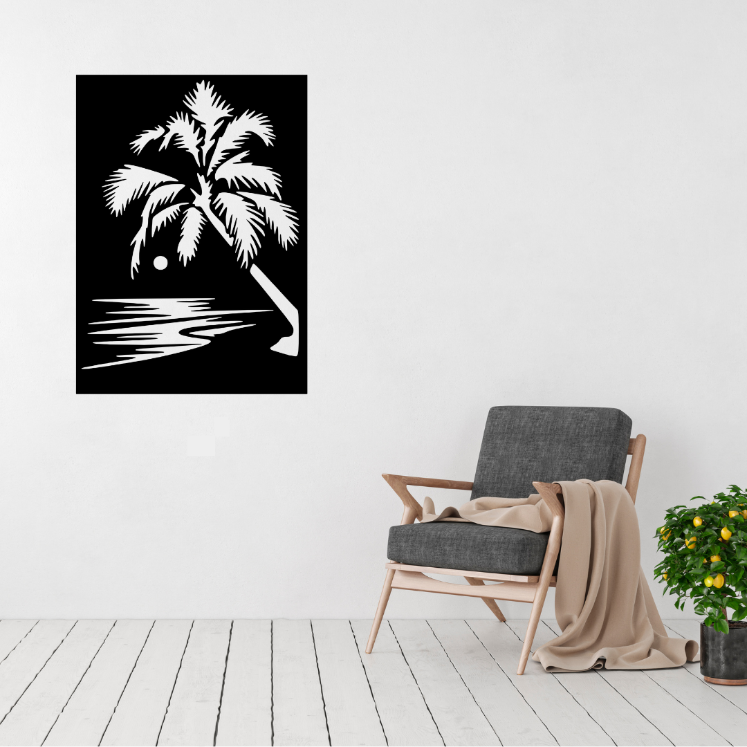 Palm Paradise | Tropical Palm Metal Wall Art displayed on a modern white wall above a contemporary armchair.