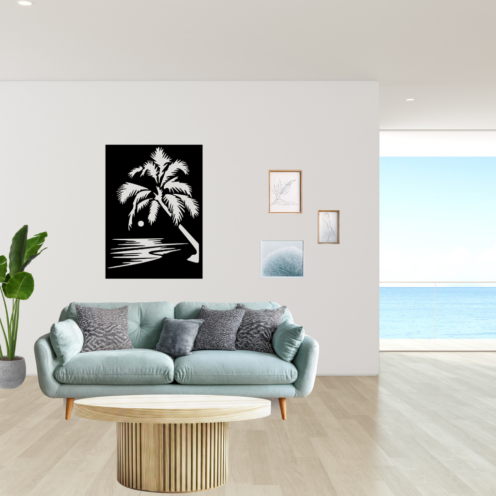 Palm Paradise | Tropical Palm Metal Wall Art showcased in a bright contemporary living room above a stylish sofa.