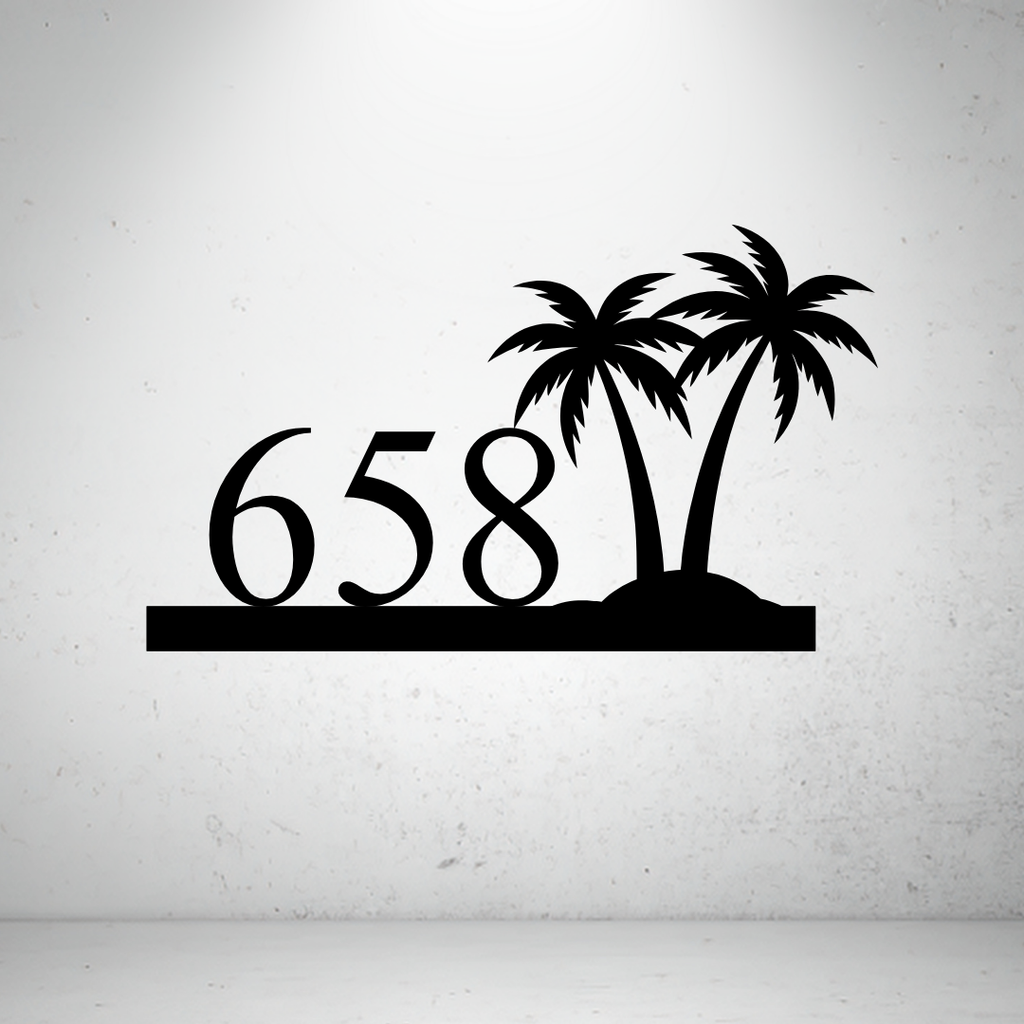 Metal house number sign with minimalist palm detailing on a grey background