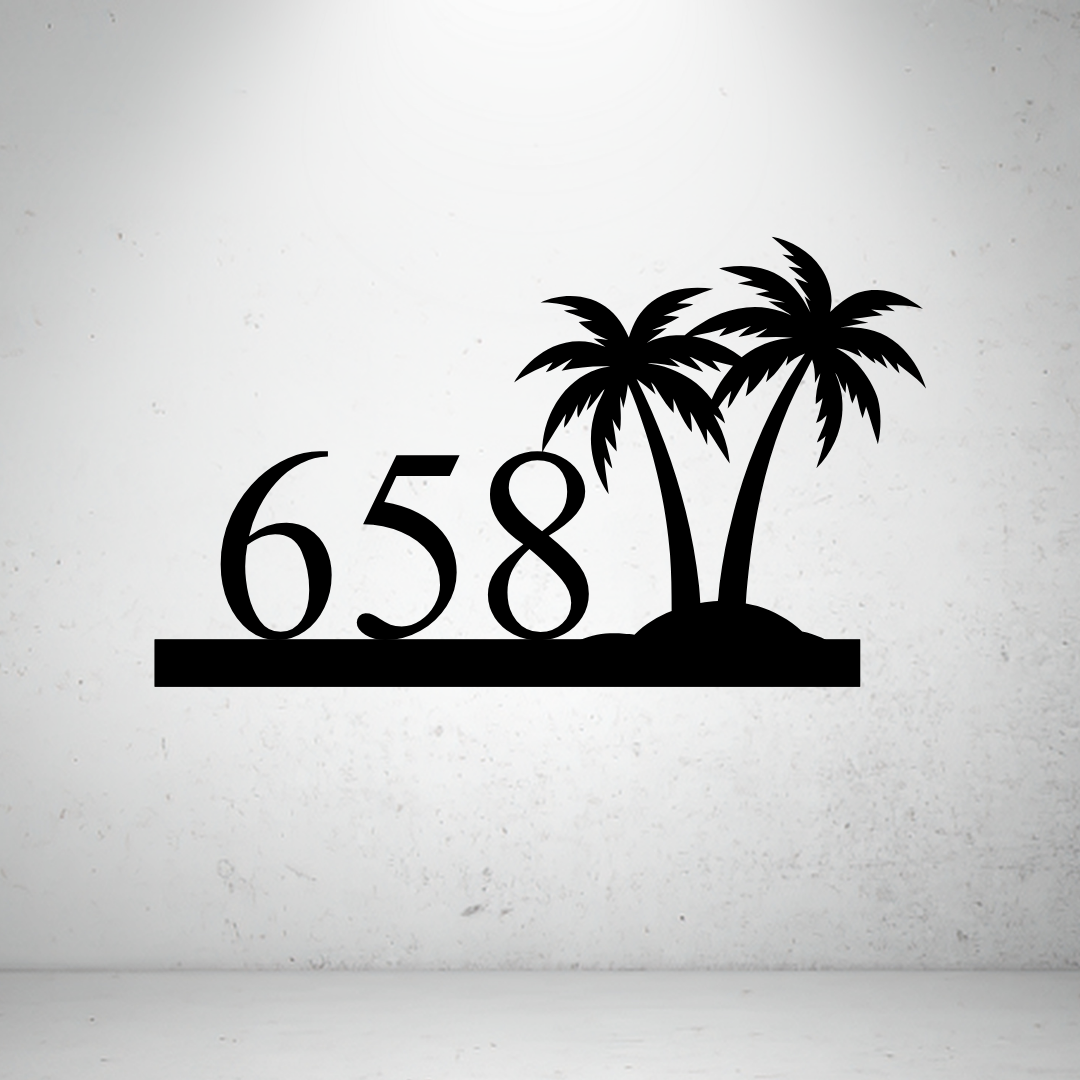 Metal house number sign with minimalist palm detailing on a grey background