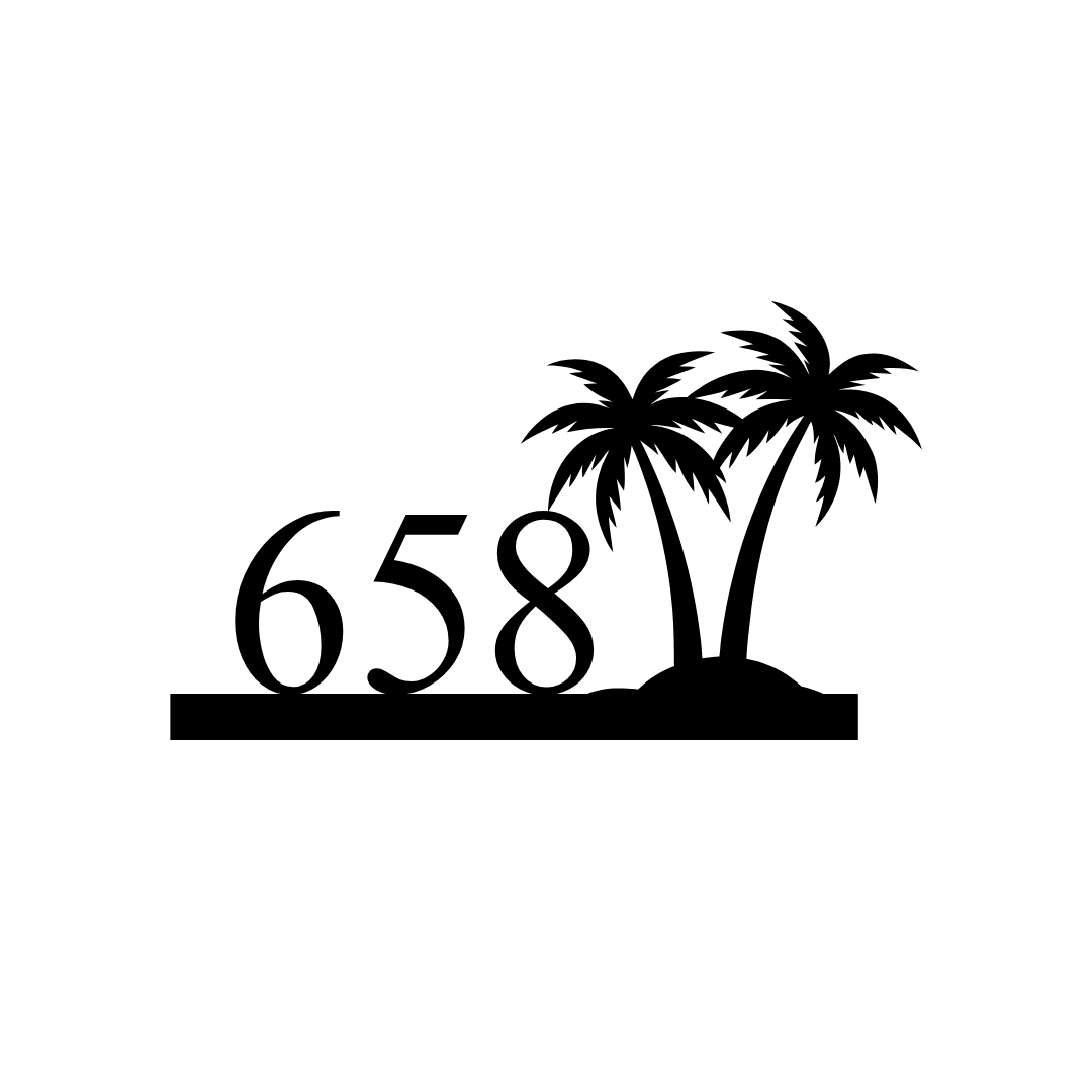 Metal house number plaque isolated on a plain white background with tropical styling