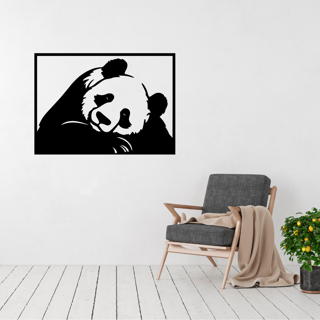 Panda Love cute panda metal wall art displayed above a contemporary chair