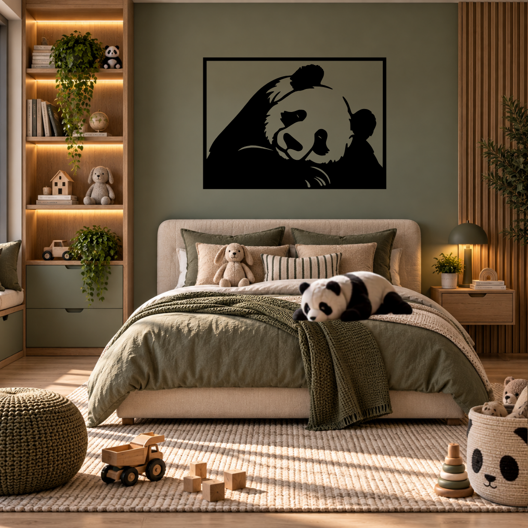 Panda Love cute panda metal wall art displayed in a modern interior