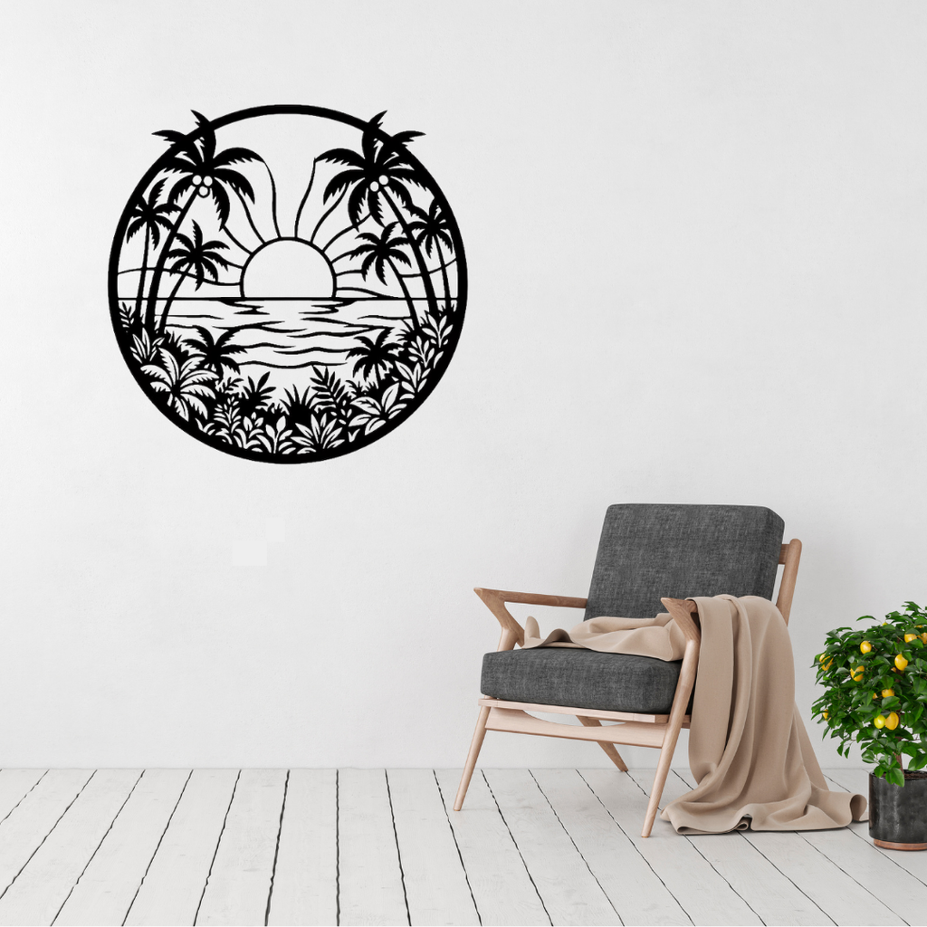 Paradise Horizon | Tropical Beach Metal Wall Art displayed in a modern living room, featuring a tropical beach sunset with palm trees, lush island foliage and ocean waves in an elegant circular black metal wall art design.