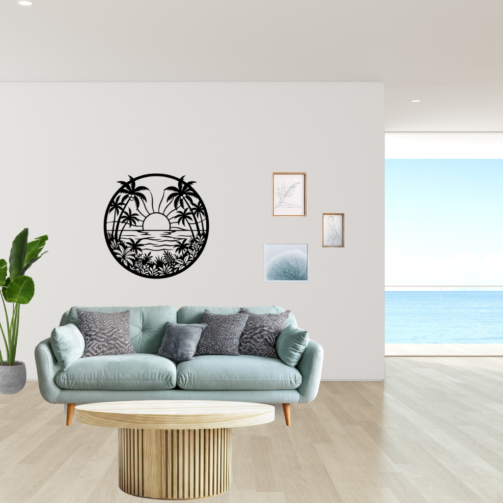 Paradise Horizon | Tropical Beach Metal Wall Art showcased in a contemporary coastal-inspired living room, featuring a tropical ocean sunset, palm trees and island landscape in decorative black metal wall art for beach house décor.