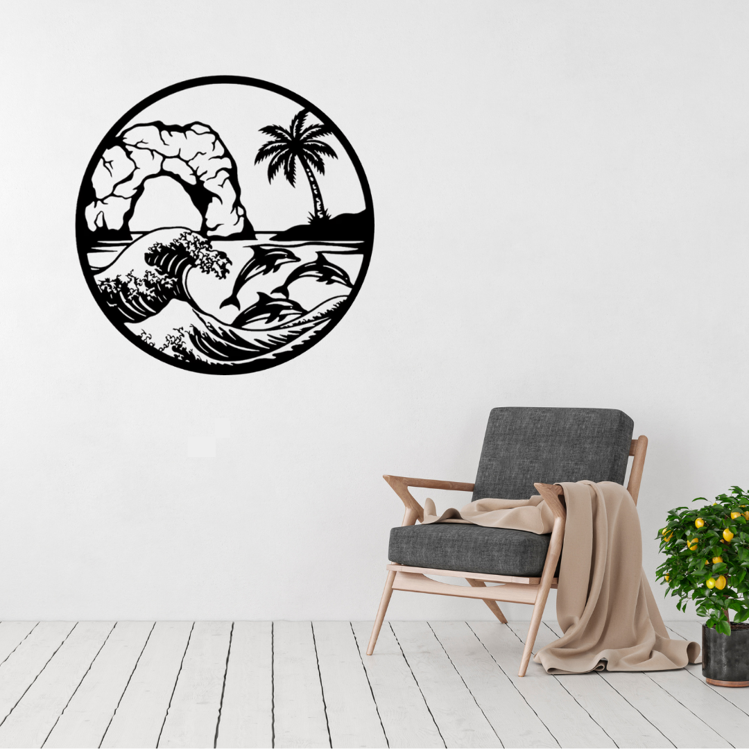 Paradise Leap | Tropical Dolphin Metal Wall Art displayed in a bright modern living room, featuring playful dolphins leaping through rolling ocean waves beside a tropical island and palm tree, creating a stunning coastal statement piece for beach-inspired interiors.