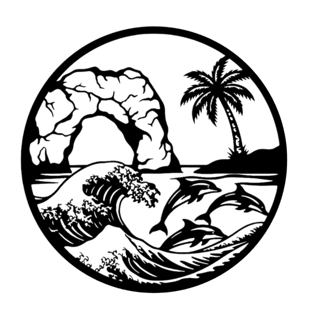 Paradise Leap | Tropical Dolphin Metal Wall Art featuring dolphins jumping through flowing ocean waves with a tropical rock arch and palm tree in the background, precision laser cut from premium black metal for coastal, nautical and tropical home décor.